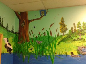 wetlands-mural-fort-dudak-roots-squirrel-pond-trees-cattails-skunk-birds-image